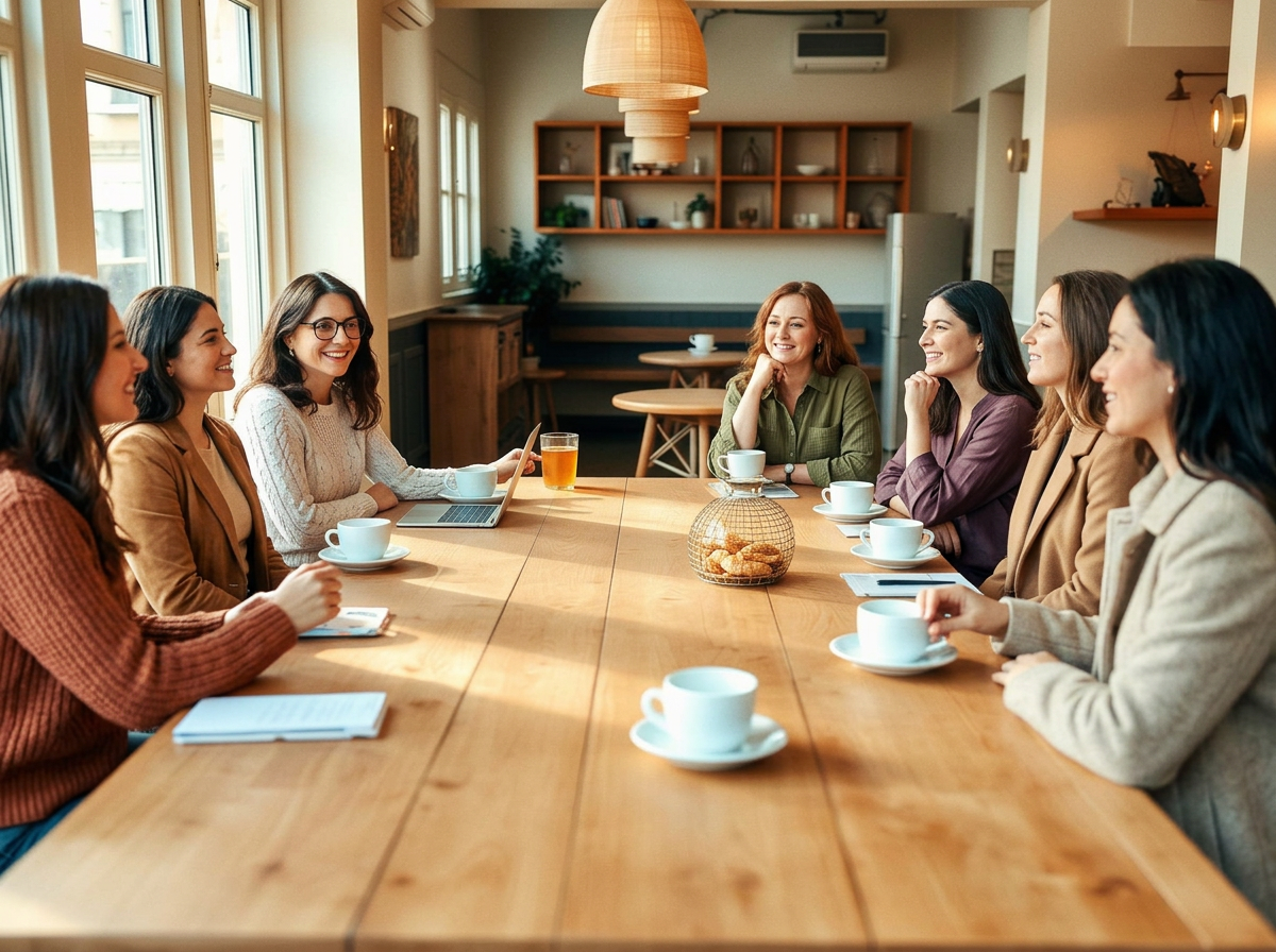 Entrepreneuses échangeant autour d'un café dans un cadre chaleureux